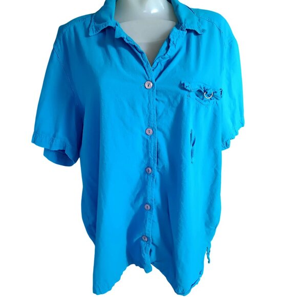 1X Women's Vintage Mom Top Erika Turquoise Button-Down Cotton 1990's - Picture 2 of 5